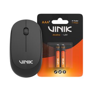 MOUSE SEM FIO VINIK FEATHER VF120 1200DPI - PRETO + PILHA VINIK ALCALINA AAA C/2