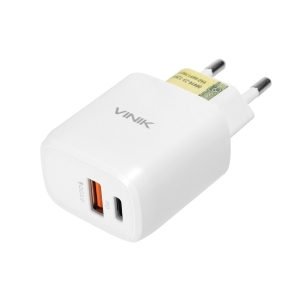 CARREGADOR DE PAREDE 20W COM DUAS SAIDAS 1 SAIDA USB 12V 1.5A QUICK CHARGE (18W) E 1 SAIDA TIPO C 12V 1.67A (20W)- VINIK