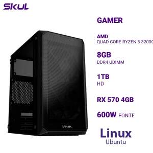 COMPUTADOR 3000 QUAD CORE RYZEN 3 3200G 3.6GHZ MEM 8GB DDR4 HD 1TB RX 570 4GB  FONTE 600W PFC ATIVO LINUX UBUNTU