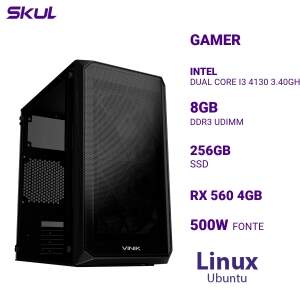 COMPUTADOR GAMER 3000 DUAL CORE I3 4130 3.40GHZ MEM 8GB DDR3 SSD 256GB RX 560 4GB FONTE 500W ATX LINUX UBUNTU