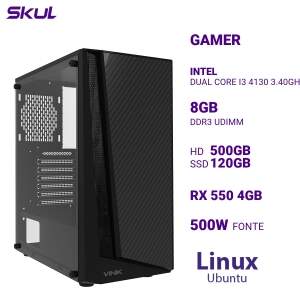 COMPUTADOR GAMER 3000 DUAL CORE I3 4130 3.40GHZ MEM 8GB DDR3 HD 500GB SSD 120GB RX 550 4GB FONTE 500W ATX LINUX UBUNTU
