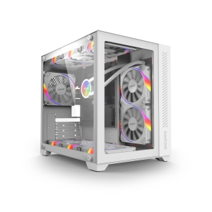 GABINETE GAMER FORCEFIELD WHITE GHOST - FRONTAL E LATERAL EM VIDRO - PCYES - GFFWGP