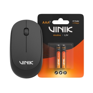 MOUSE SEM FIO VINIK FEATHER VF120 1200DPI - PRETO + PILHA VINIK ALCALINA AAA C/2