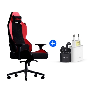 KIT PROMOCIONAL CADEIRA GAMER SENTINEL VERMELHA + CARREGADOR DE PAREDE 20W USB + FONE BLUETOOTH TWS PRETO