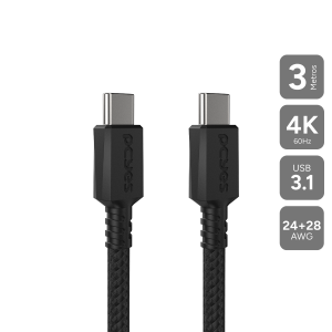 CABO PARA CELULAR CARREGAMENTO USB TIPO-C 3.1 P/ USB TIPO-C 3.1 - PRETO - 3 METROS - NYLON - PUCP3P