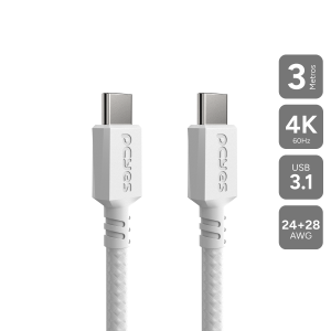 CABO PARA CELULAR CARREGAMENTO USB TIPO-C 3.1 P/ USB TIPO-C 3.1 - BRANCO - 3METROS - NYLON - PUCP3B