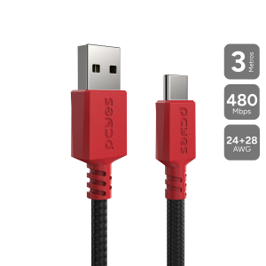 CABO NINTENDO SWITCH E CELULAR CARREGAMENTO USB A 2.0  MACHO P/ USB TIPO-C - VERMELHO - 3 METROS - NYLON - CBPY03V