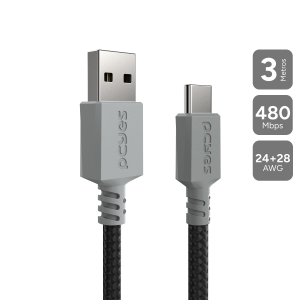 CABO PARA CELULAR CARREGAMENTO USB A 2.0  MACHO P/ USB TIPO-C - CONEC. CINZA - P/ PS5 - 3M - NYLON - CBPY03C