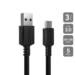 CABO PARA CELULAR CARREGAMENTO USB A 3.0 MACHO P/ USB TIPO-C - PRETO - 3 METROS - PUCAP3-3