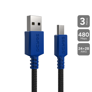 CABO MICRO USB PARA USB A 2.0 - CONECTOR AZUL - P/ PS4 - 3M - NYLON - PMUAN-3A