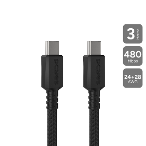 CABO PARA CELULAR CARREGAMENTO USB TIPO-C P/ USB TIPO-C 2.0 - PRETO - 3M - NYLON - PUCC2-3P