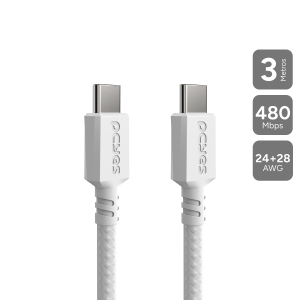 CABO PARA CELULAR CARREGAMENTO  USB TIPO-C P/ USB TIPO-C 2.0 - BRANCO - 3M - NYLON - PUCC2-3B