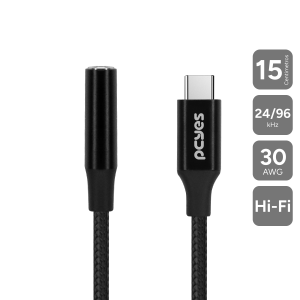 CABO ADAPTADOR PARA FONE DE OUVIDO USB TIPO-C PARA P3 3.5MM FÊMEA HIFI - PRETO - 15CM - NYLON - P3UCP-15P