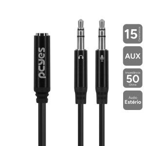 CABO ADAPTADOR PARA FONE E MICROFONE EM Y P3 FÊMEA PARA P2 MACHO - PRETO - 15CM - P3Y-15
