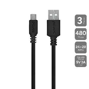 CABO PARA CELULAR CAMERA CAIXA DE SOM CARREGAMENTO MICRO USB PARA USB A 2.0 - PRETO - 3 METROS - PMUAP-3