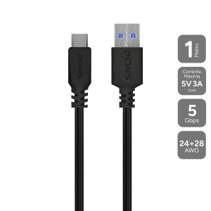 CABO USB A 3.0 MACHO P/ USB TIPO-C - PRETO - 1 METRO - P3UACP-1
