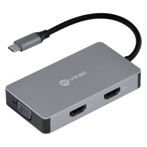 HUB USB TIPO-C 5 EM 1 COM 2X HDMI + VGA + USB 3.0 + POWER DELIVERY (PD) 60W - HC-5VGA