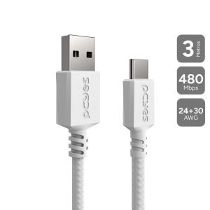 CABO PARA CELULAR CARREGAMENTO USB A 2.0 M P/ USB TIPO-C - BRANCO - 3 MTS - NYLON - CBPY03BN