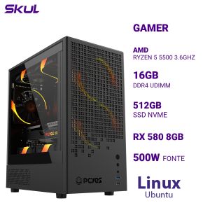 COMPUTADOR 5000 RYZEN 5 5500 3.6GHZ MEM 16GB DDR4 SSD 512GB NVME RX 580 8GB FONTE 500W  LINUX UBUNTU