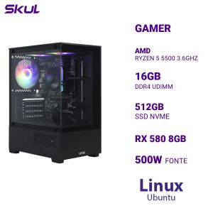 COMPUTADOR 5000 RYZEN 5 5500 3.6GHZ MEM 16GB DDR4 SSD 512GB NVME RX 580 8GB FONTE 500W  LINUX UBUNTU