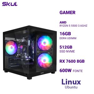COMPUTADOR 5000 RYZEN 5 5500 3.6GHZ MEM 16GB DDR4 SSD 512GB NVME RX 7600 8GB FONTE 600W  LINUX UBUNTU