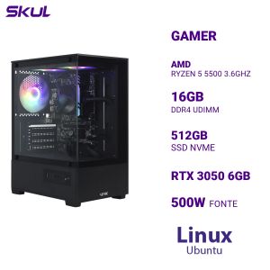 COMPUTADOR 5000 RYZEN 5 5500 3.6GHZ MEM 16GB DDR4 SSD 512GB NVME RTX 3050 6GB FONTE 500W  LINUX UBUNTU