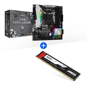 KIT PLACA MÃE ASROCK AM4 B450M STEEL LEGEND + MEMORIA RAM PCYES UDIMM 16GB DDR4 2666MHZ